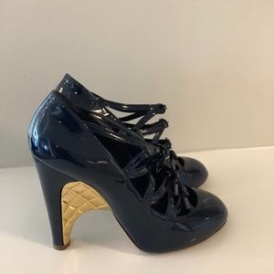 CHANEL Navy Patent Wedge